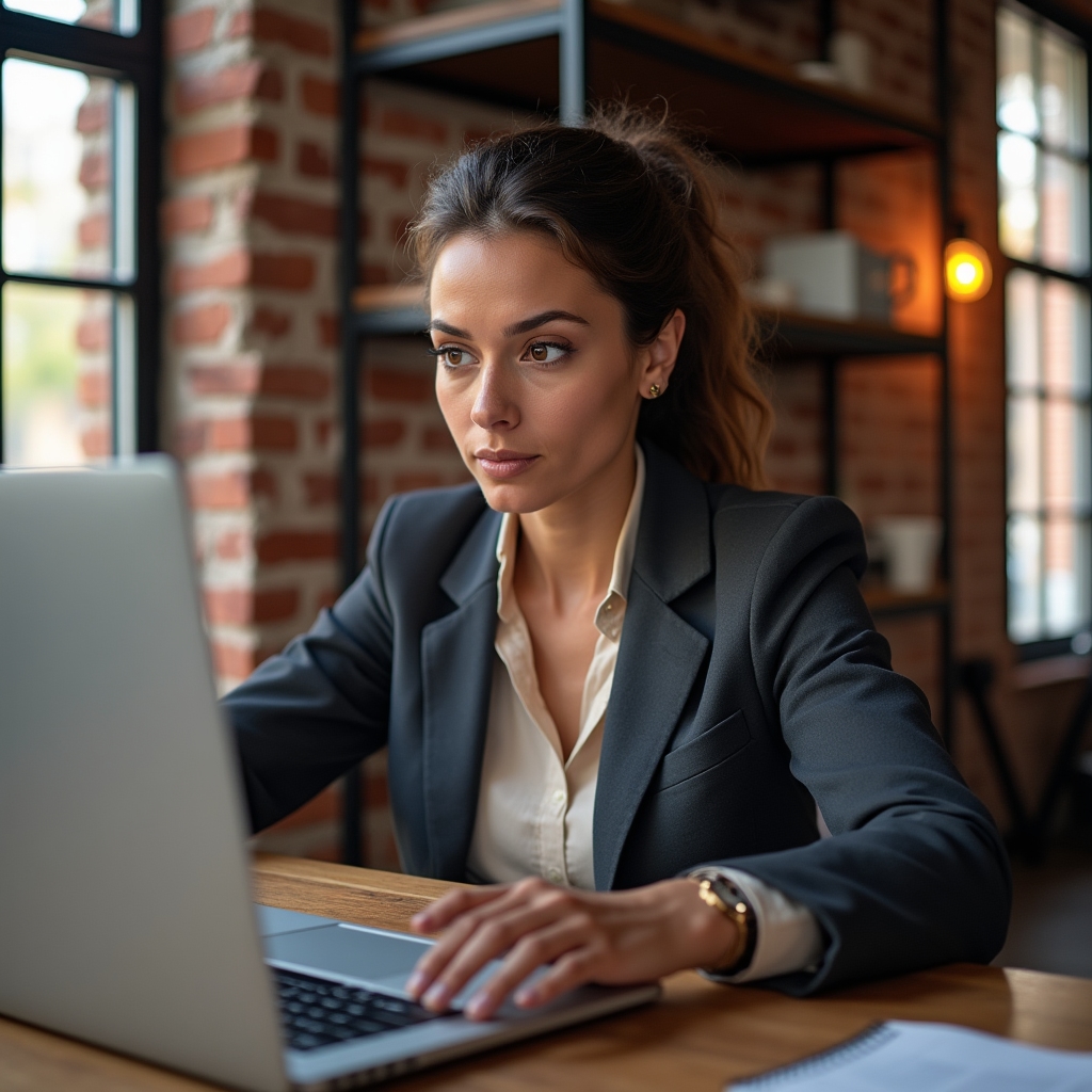 Small business owner reviewing website analytics on a laptop at a wooden desk