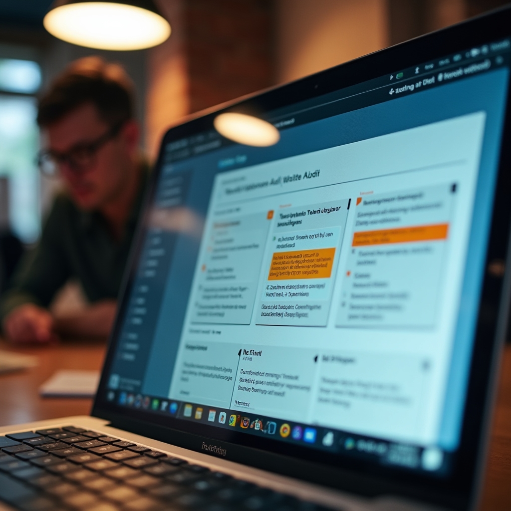 Laptop screen displaying a website audit report with highlighted sections